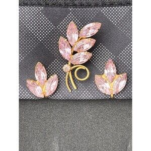 Vintage 1950-60’s Brooch and Earrings Set Purple/Pink Crystal Leaf Design